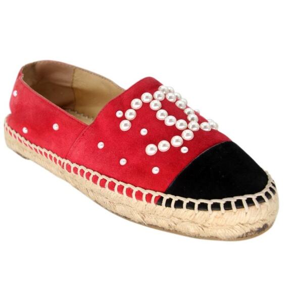 Chanel Espadrille 37 Suede and Faux Pearl Cc Cap-toe Flats CC-S0207P-C042 - Picture 5 of 9